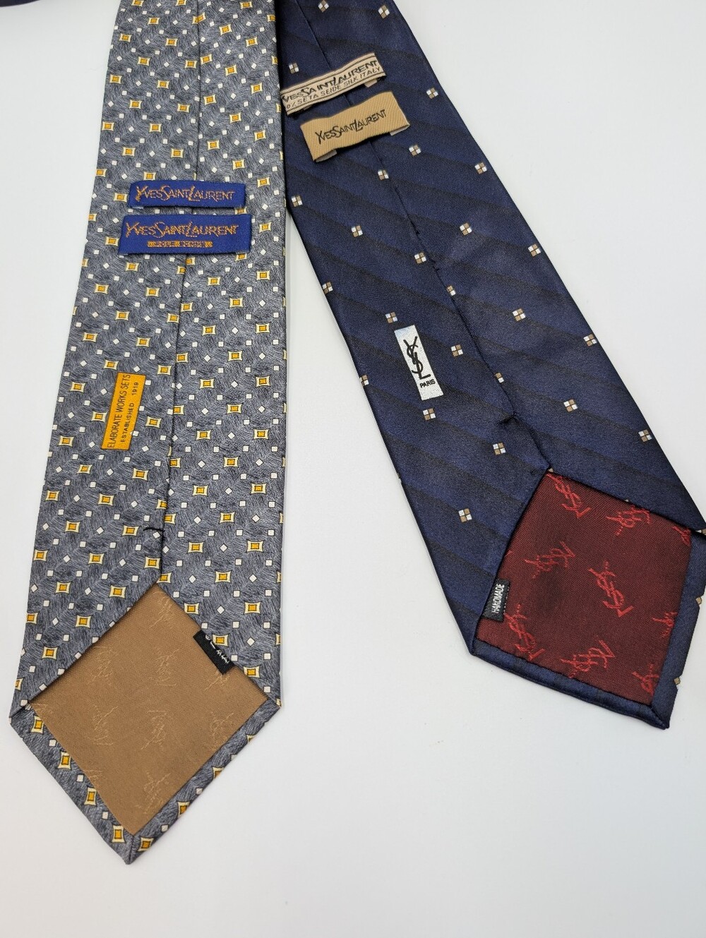 Yves Saint Laurent Dual-Pattern Men's Silk Ties in Navy, Gray and Gold Accents